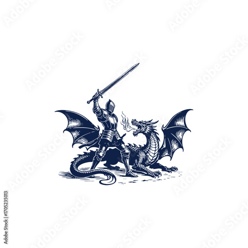 A powerful and dramatic engraving of an epic battle between a heroic knight and a fierce dragon. Vector template illustration
