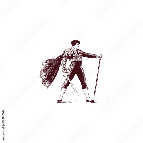 engraving of a valiant matador in his traditional, highly ornate costume. The matador is depicted in a classic pose, holding a sword and a muleta