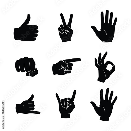 Collection of nine black hand gesture icons on a white background symbol thumbs up