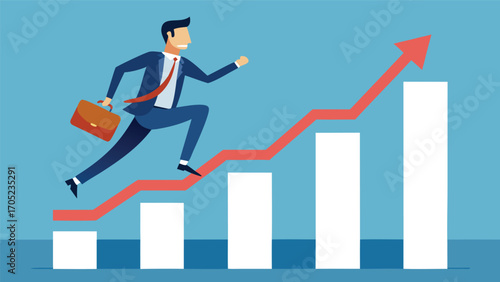 Businessman running up a graph towards success while carrying a briefcase in a professional setting