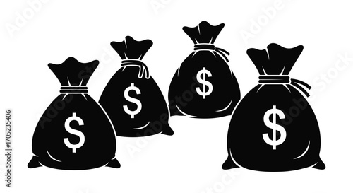 Four black silhouette money bags with dollar signs