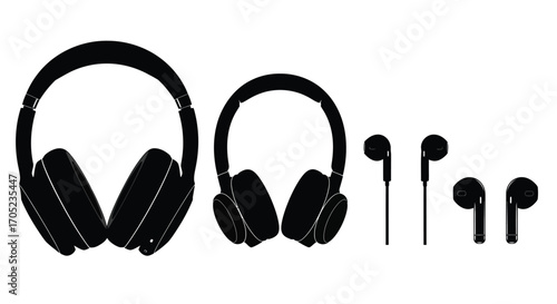 Two sizes of headphones and three sets of earbuds in silhouette