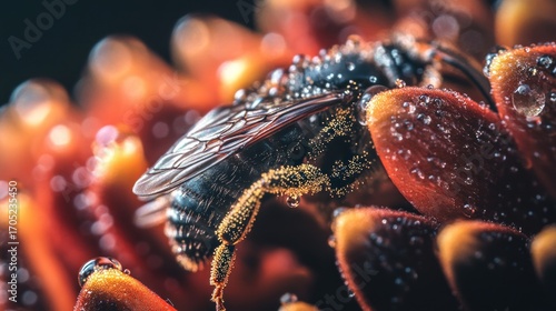Close-up shot of a bee covered in pollen and water droplets on a red and yellow flower