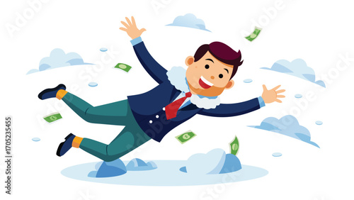 Joyful man in suit skates on ice while dollar bills fall from above in winter setting