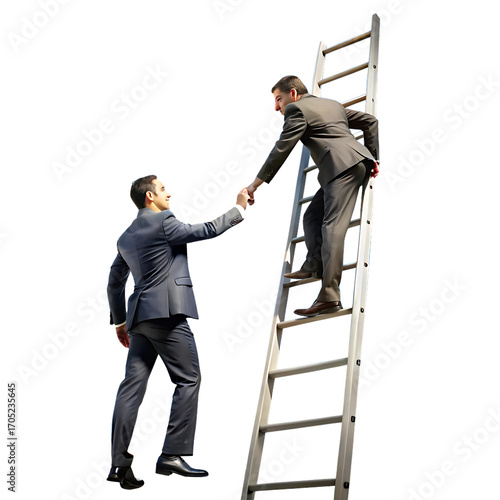 Two businessmen shaking hands with one climbing a ladder on a black background in a studio shot