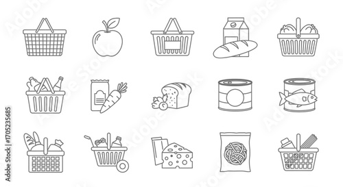 Collection of grocery and food icons in a sketchy silhouette style