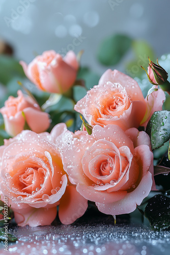 Delicate pink roses glistening with water droplets, showcasing their natural beauty and elegance in a soft, romantic setting
