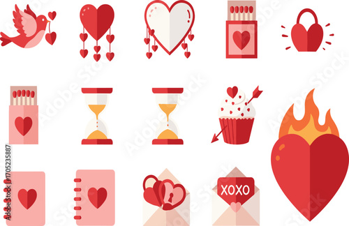 Valentine icons, love symbols, heart graphics, romantic elements, red and pink theme, matchbox, envelope, cupcake, hourglass, minimal style