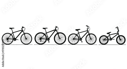 Four bicycles of varying sizes in silhouette