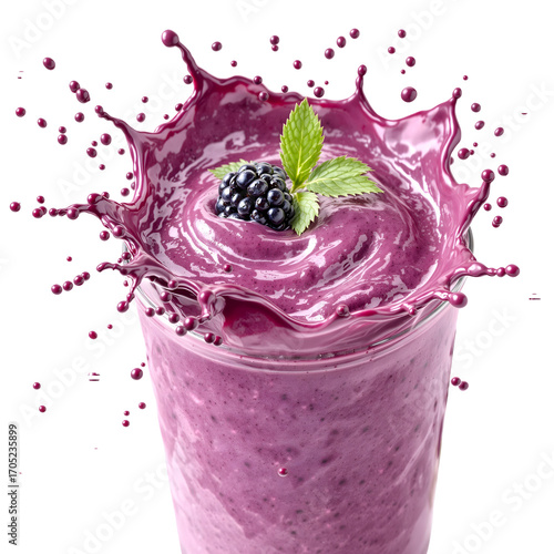 Delicious blackberry and mint smoothie splashing out of a glass, captured in a high-speed frozen moment