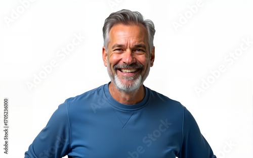 Happy mature old bearded man with dental smile, cool mid aged gray haired older senior hipster wearing blue sweatshirt standing isolated on white background looking at camera, headshot portrait.