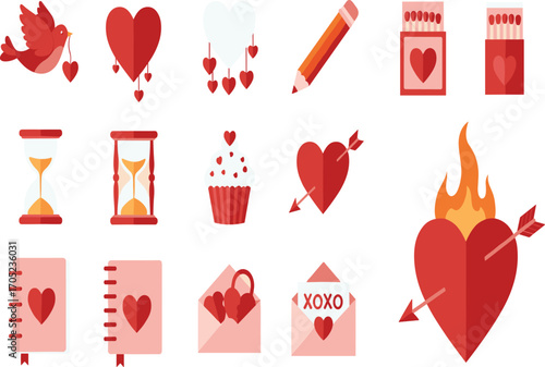 Valentine icons, love symbols, heart graphics, romantic theme, red and pink set, matchbox, envelope, cupcake, hourglass, minimal vector