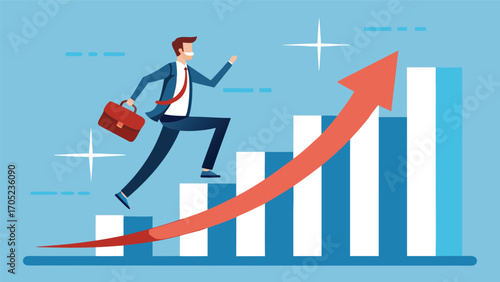 Businessman running on upward chart with briefcase and confident attitude in professional setting