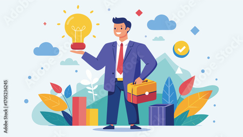 Businessman presenting an innovative idea while holding a briefcase in a vibrant illustration