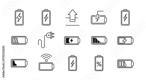 Collection of battery icons and charging symbols silhouette