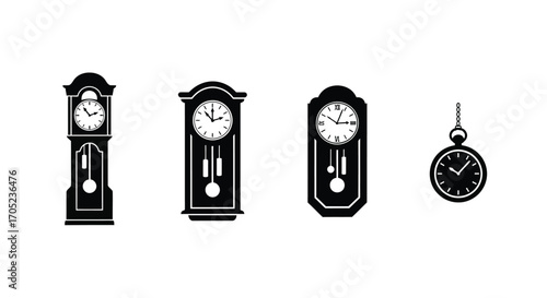 Collection of vintage grandfather clocks and pocket watch silhouette