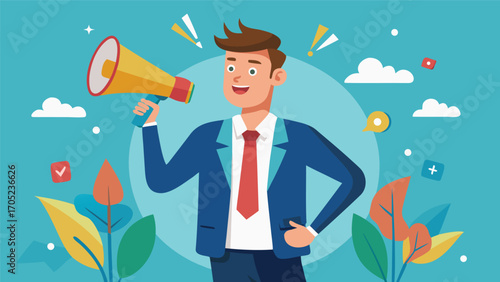 Business professional promoting an idea with enthusiasm in a colorful setting