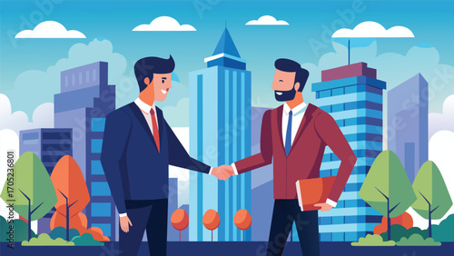 Business professionals shake hands in a city setting during a sunny day