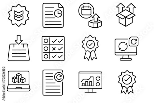 Business and productivity outline icon set. charts, tasks, analysis, updates collection