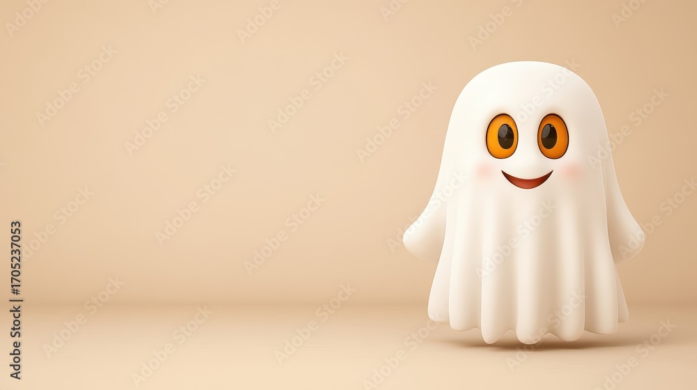 Fototapeta premium Cute cartoon ghost playful Halloween illustration. Smiling happy character with friendly face. Fun and joyful spirit, cheerful costume, minimal background, perfect for children or festive greeting