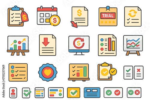 Finance and analytics flat icon set. budget, strategy, and report visualization