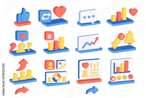 Social media, communication 3d icon set for digital platforms and network engagement