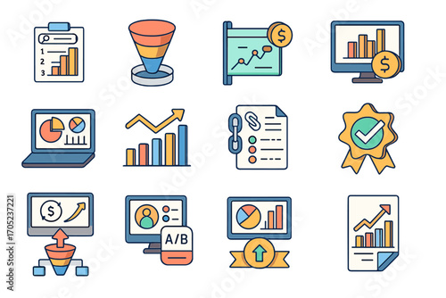 Business analytics flat icon set: data, chart elements for reports and presentations