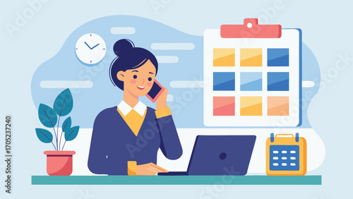 Business professional working on a laptop while talking on the phone in a modern office environment
