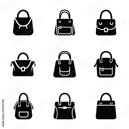Nine black handbag icons with different styles and details purse accessory