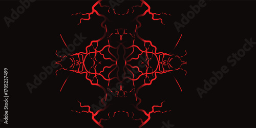 Symmetrical red fractal design against a dark black background, abstract and intricate.