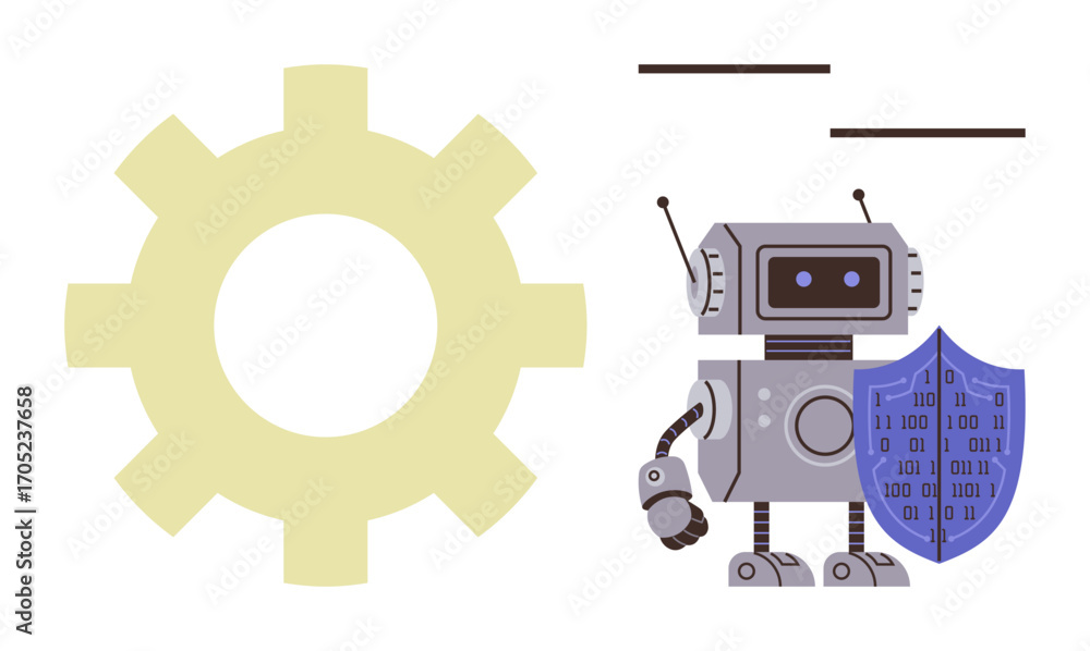 custom made wallpaper toronto digitalRobot holding binary shield beside large gear, symbolizing cybersecurity, technology, AI, automation, protection, digital safety, and industrial processes. Ideal for tech innovation defense AI