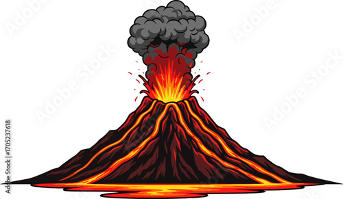 Vector illustration of volcano eruption with bold shapes and strong colors. Suitable for nature education, disaster posters, science projects, and geology design.