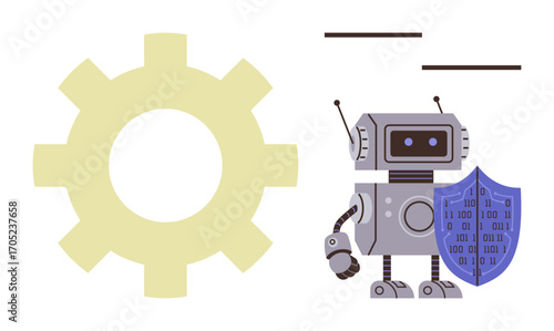 Wallpaper Mural Robot holding binary shield beside large gear, symbolizing cybersecurity, technology, AI, automation, protection, digital safety, and industrial processes. Ideal for tech innovation defense AI Torontodigital.ca