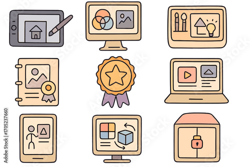 Education, learning outline icon set. classroom, study tools outline collection