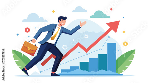 Successful businessman running towards growth in a dynamic financial presentation