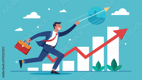 Businessman running towards growth with upward trend and target in hand