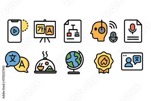 Translation, language flat icon set. communication, global communication glyphs collection