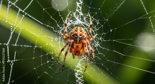 Close-up photo of a spider spinning its web, showcasing the intricate details and delicate threads, with an emphasis on the textures and colors of the web