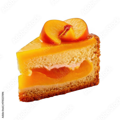 piece of peach cake isolated on white or transparent.