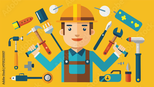 Skilled worker showcasing tools in a vibrant workshop setting with bright yellow background