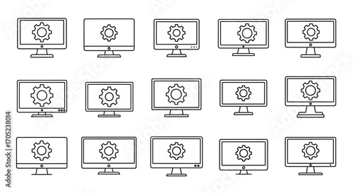Collection of computer monitors displaying gear icons silhouette