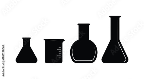 Four different laboratory glassware silhouettes on white background silhouette