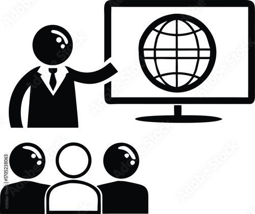 Presenter showing globe on screen to audience suit