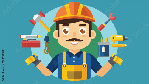 Creative builder character surrounded by tools in a bright, fun design showcasing a variety of equipment
