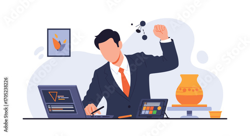 Businessman working on laptop with scientific experiment.