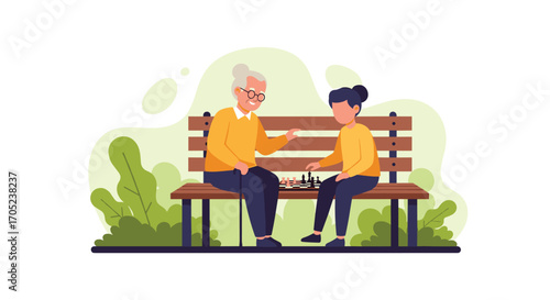 Grandmother and Granddaughter Playing Chess on a Park Bench.