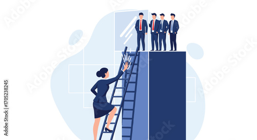 Businesswoman climbing ladder to reach male colleagues on top of building, symbolizing career advancement and gender equality in the workplace.
