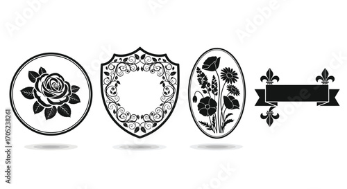 Decorative oval and shield frames with floral motifs and ribbon silhouette