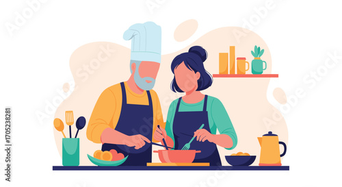 Couple cooking together in the kitchen, enjoying the moment.