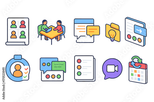 Business communication flat icon set. collaboration, chat, idea exchange icons